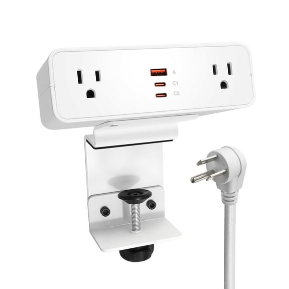 Desk Clamp Power Strip USB C 100W, Desktop Edge Mount Fast Charge Station 3 PD USB Port 2 AC Outlets 6ft Braided Extension Cord Flat Plug Fit Max 3.26’’ Tabletop Edge for Gaming Office Table