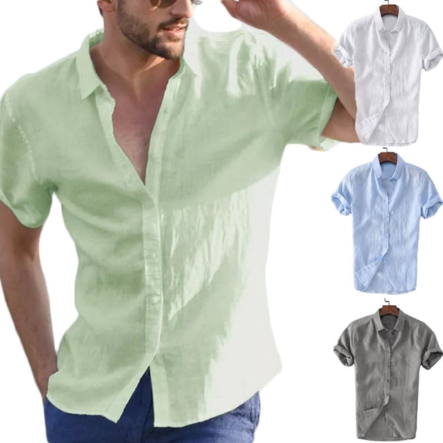Hommes Lin Manches Courtes Été Solide Chemises en Vrac Robe Soft Tops Tee