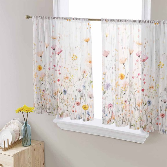 Spring Flowers Sheer Curtains 54 Inches Length 2 Panels Set, Window Sheer Curtains for Living Room/Bedroom, Watercolor Wildflowers Farmhouse Floral Light Filtering Rod Pocket Curtain 52'' x 54'' x 2