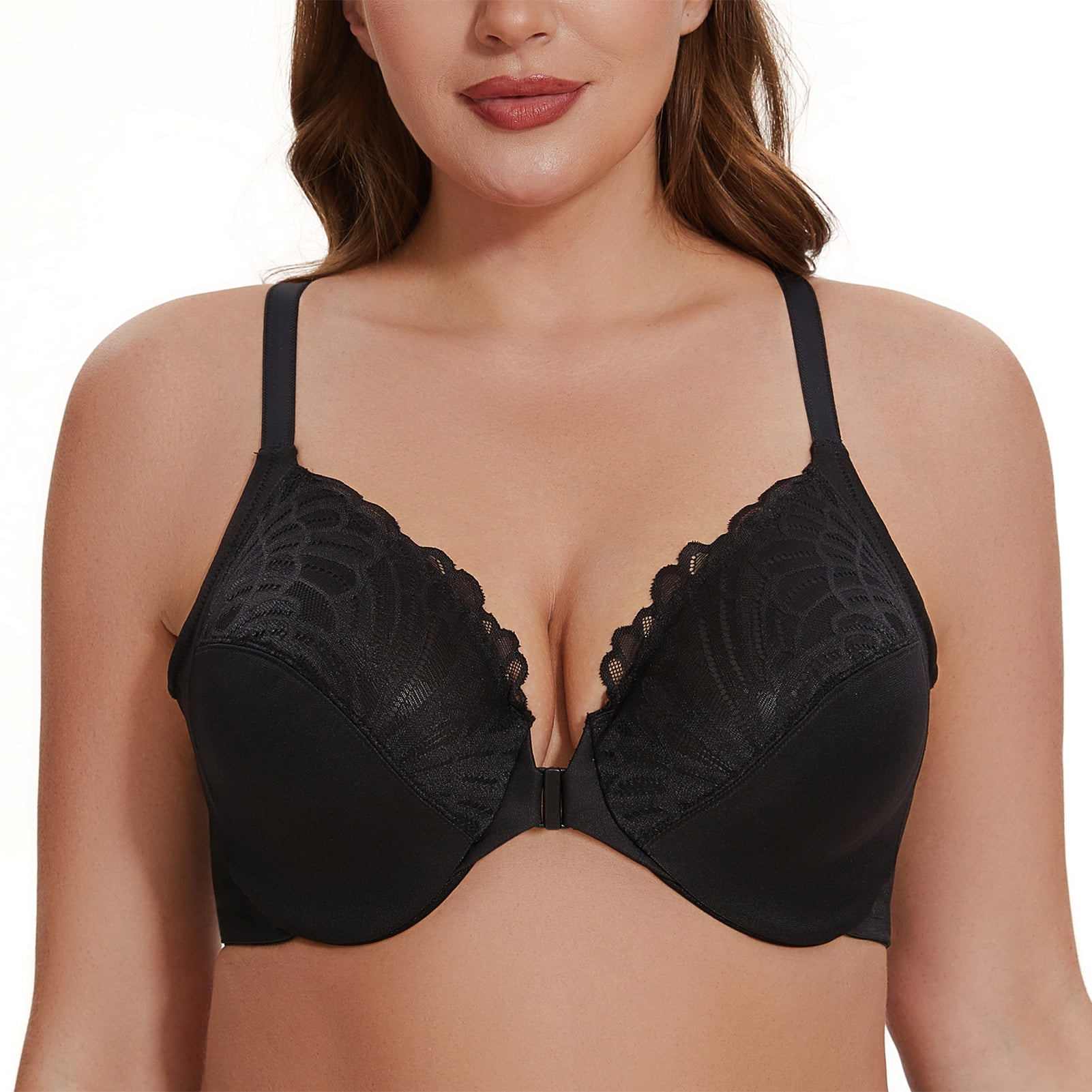 MELENECA Women's Racerback Front Closure Lace Unlined Plus Size Full Coverage Underwire Bra Black 44B