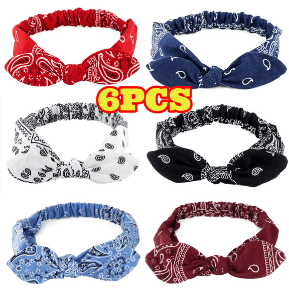 6pcs Elastic Paisley Bandana Knot Headbands, Rabbit Ear Bow Headband Turban Head Wraps Hair Band for Women Girls