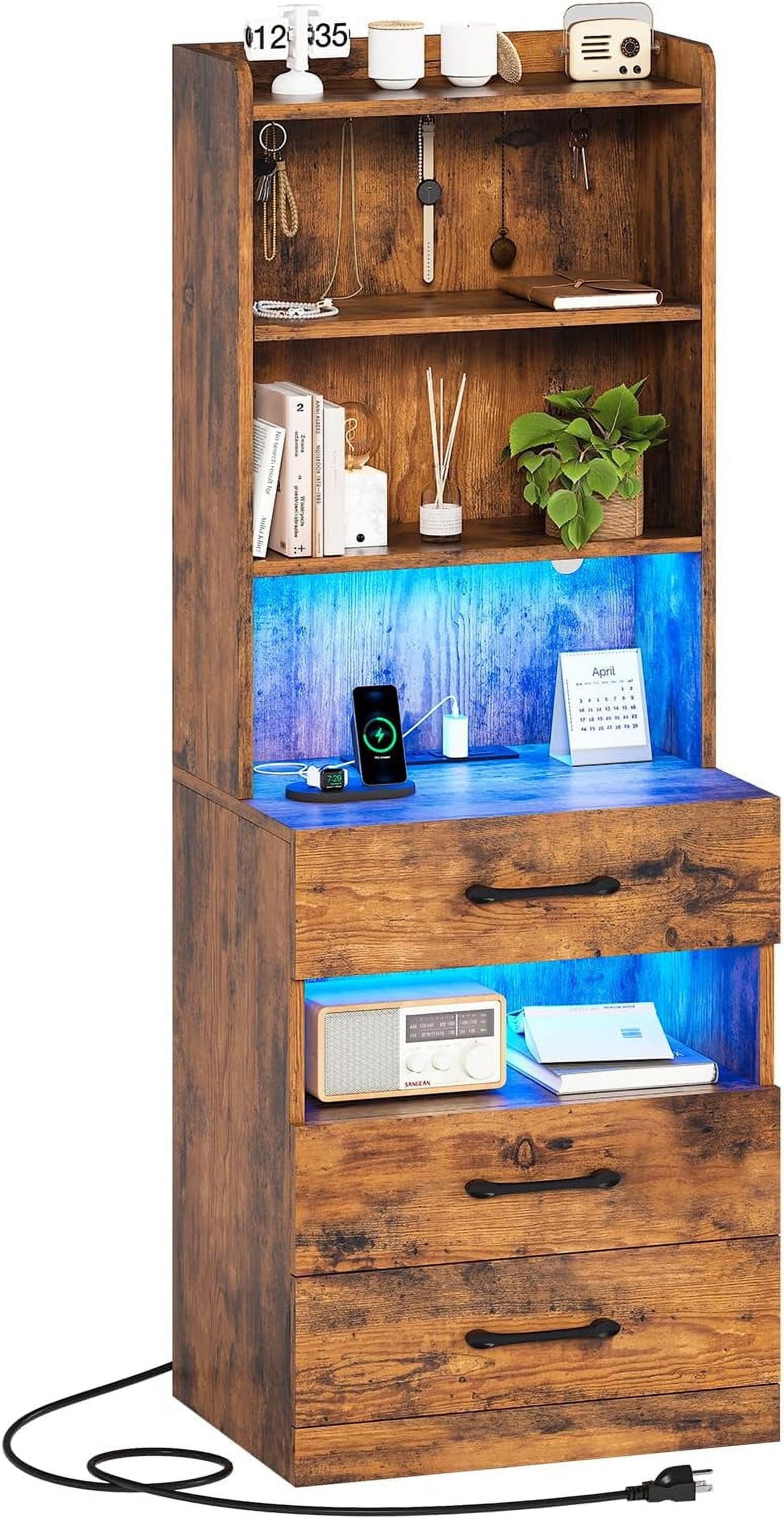 AOGLLATI 51.8in Tall Nightstand with Charging Station, LED Lights, Bookshelf, 3 Drawers, Bedside Table