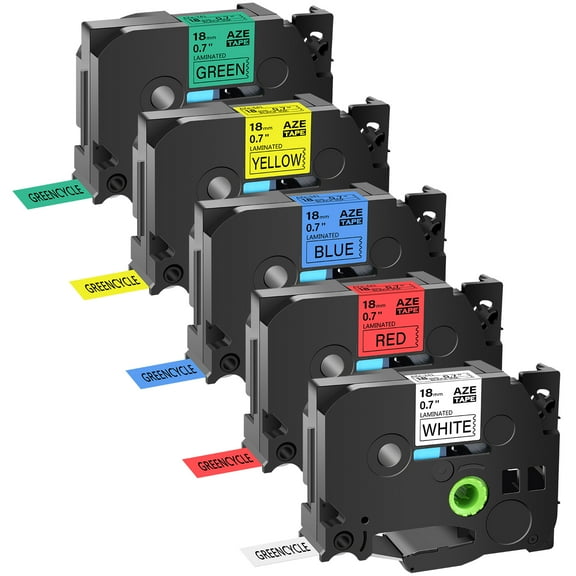 GREENCYCLE 5PK 18mm 8m Black White/Red/Blue/Yellow/Green Laminated Label Tape Compatible for Brother TZ TZe TZe-241 TZe-441 TZe-541 TZe-641 TZe-741 P-touch Printer