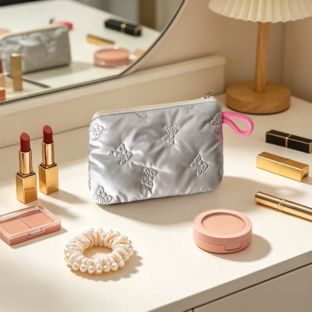 Quilted Embossed Bow Wristlet Pouch Portable Mini Zipper Wallet Cute Small Storage Bag for Earbuds Lipsticks Coins Cards & Girls Daily Cosmetic Accessories Silver