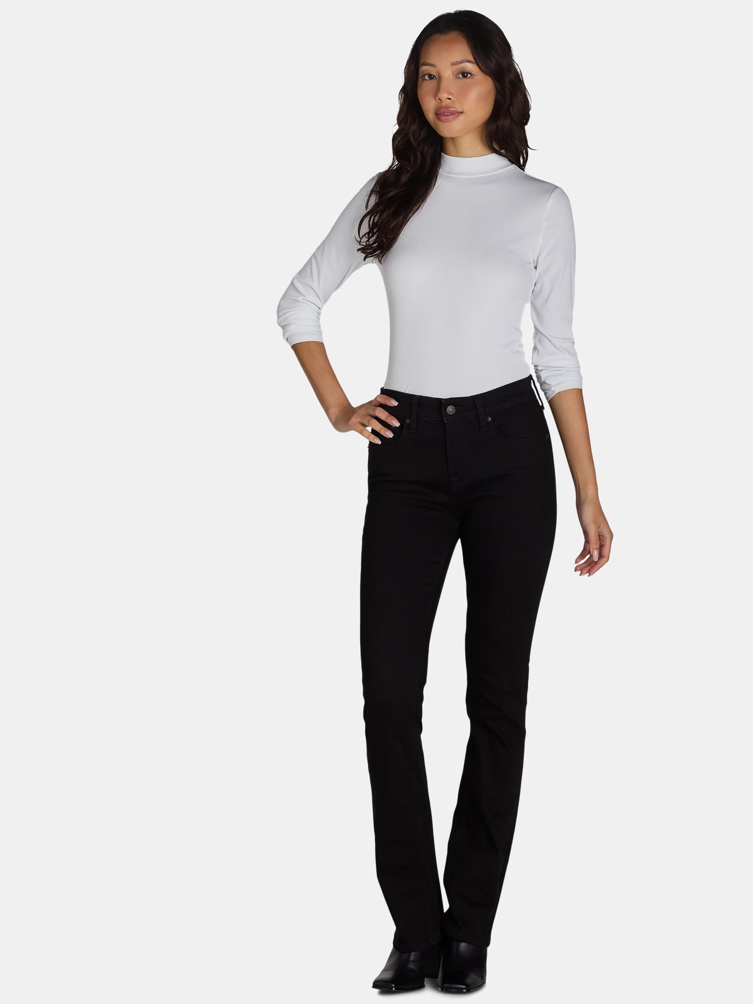 No Boundaries Ribbed Mock Neck Top with Long Sleeves, Women’s and Women’s Plus
