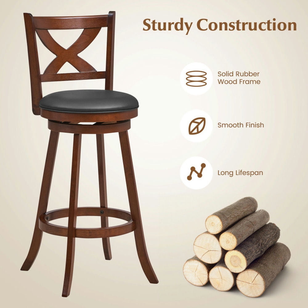 Demi Bonn 30" 2 Pieces Classic Counter Height Swivel Bar Stool Set with X-shaped Open Back, Modern Kitchen Dining Chair, Brown