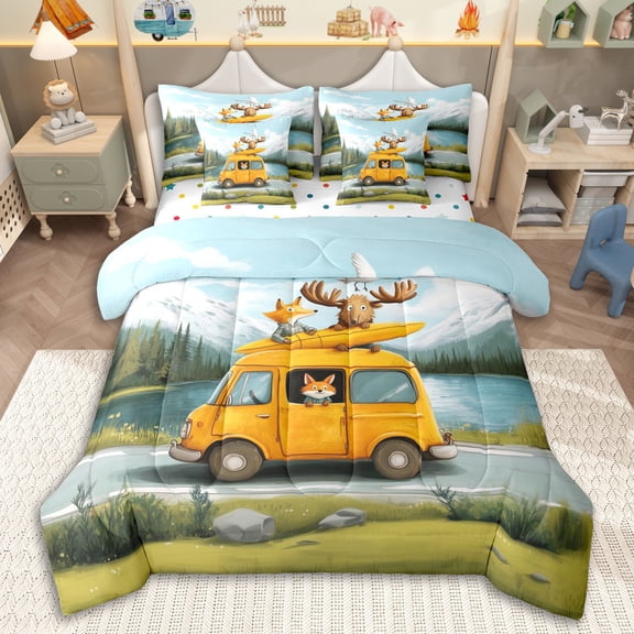 Erosebridal Kids Happy Camping Twin Bedding Sets 7-Piece,Cartoon Fox Deer Yellow Car Bedding Comforter Set for Boys Girls,Lightweight Room Decor