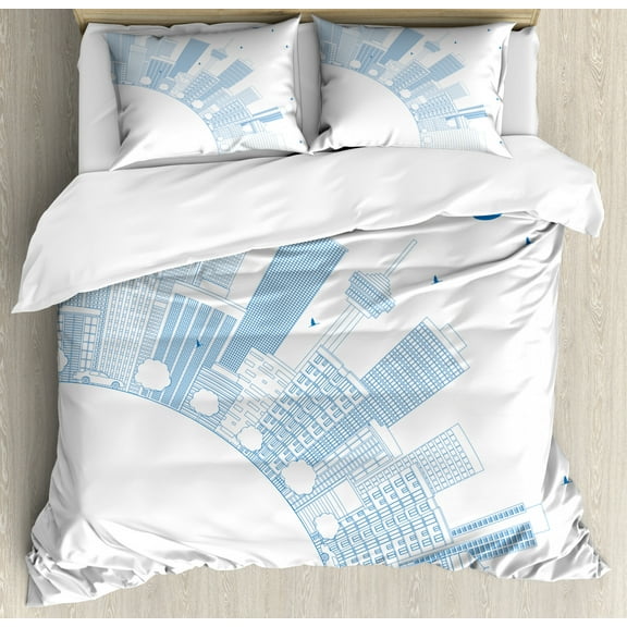Las Vegas Duvet Cover Set King Size, Buildings Urban City Love Themed Composition with Las Vegas Lettering and Birds, Decorative 3 Piece Bedding Set with 2 Pillow Shams, Blue White, by Ambesonne
