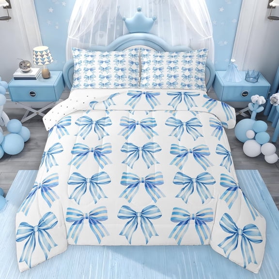 Feelyou Princess Blue Bow Twin Comforter Sets, Kawaii Lines Bowknot Bedding Set, 2-Piece