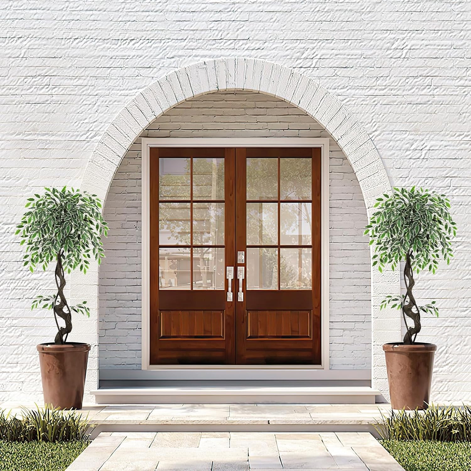 EastVita Artificial Plant Ficus Tree Curved Tree Trunk with White Pot