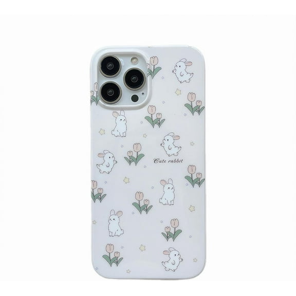Cream White Floral Bunny Phone Case for iPhone 11, Cute Korea 3D Rabbit Tulip Flower Cartoon Case with for Women Girls