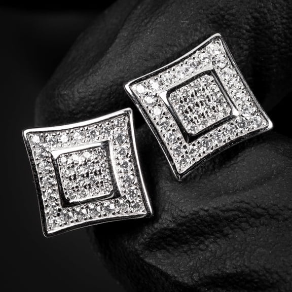 Men’s Square White Gold 925 Sterling Silver Screw Back Post  Micro Pave 3D Iced 5A Cz Hip Hop Stud Earrings