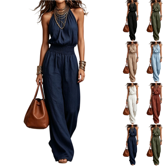 KDDYLITQ Jumpsuits for Women Dressy Cotton Linen Neck Backless Sleeveless Overalls Elastic Waist Flowy Wide Leg Casual Vocation Rompers Navy S