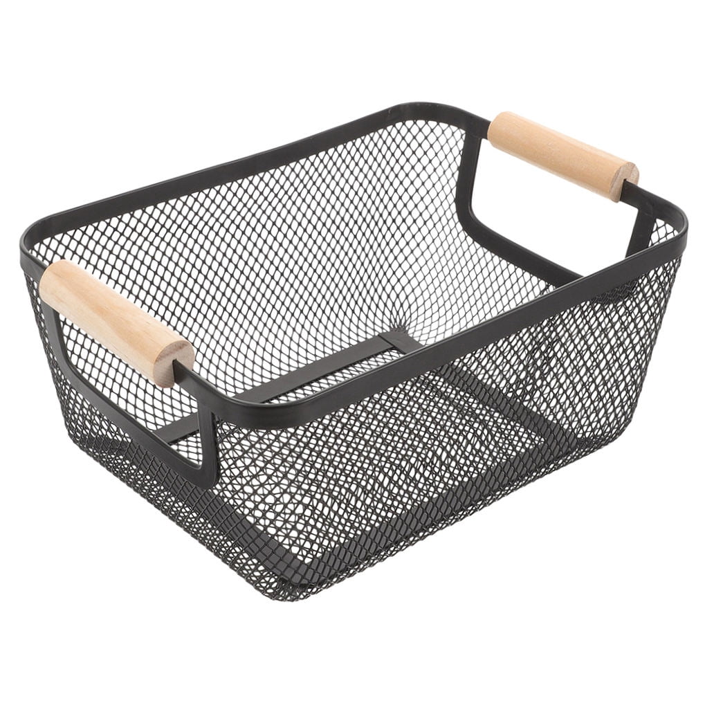 WHAMVOX Black Wrought Iron Wire Storage Basket with Wooden Handles for Organizing and Storage 12 x 8 x 6.5 Inches