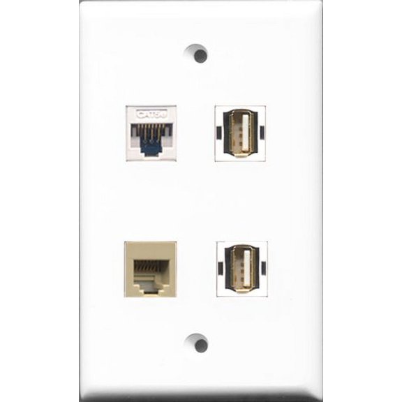 RiteAV - 2 Port USB A-A and 1 Port Phone RJ11 RJ12 Beige and 1 Port Cat5e Ethernet White Wall Plate