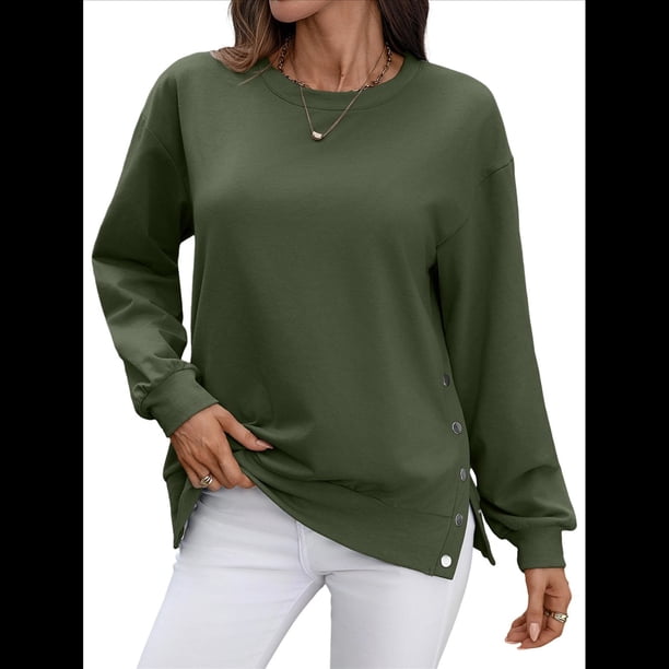 Sudaderas de Gran Tamaño para Mujer, Sudaderas de Larga, Camisetas con Abertura Lateral, Tops, Conjuntos para Adolescentes. Verde L