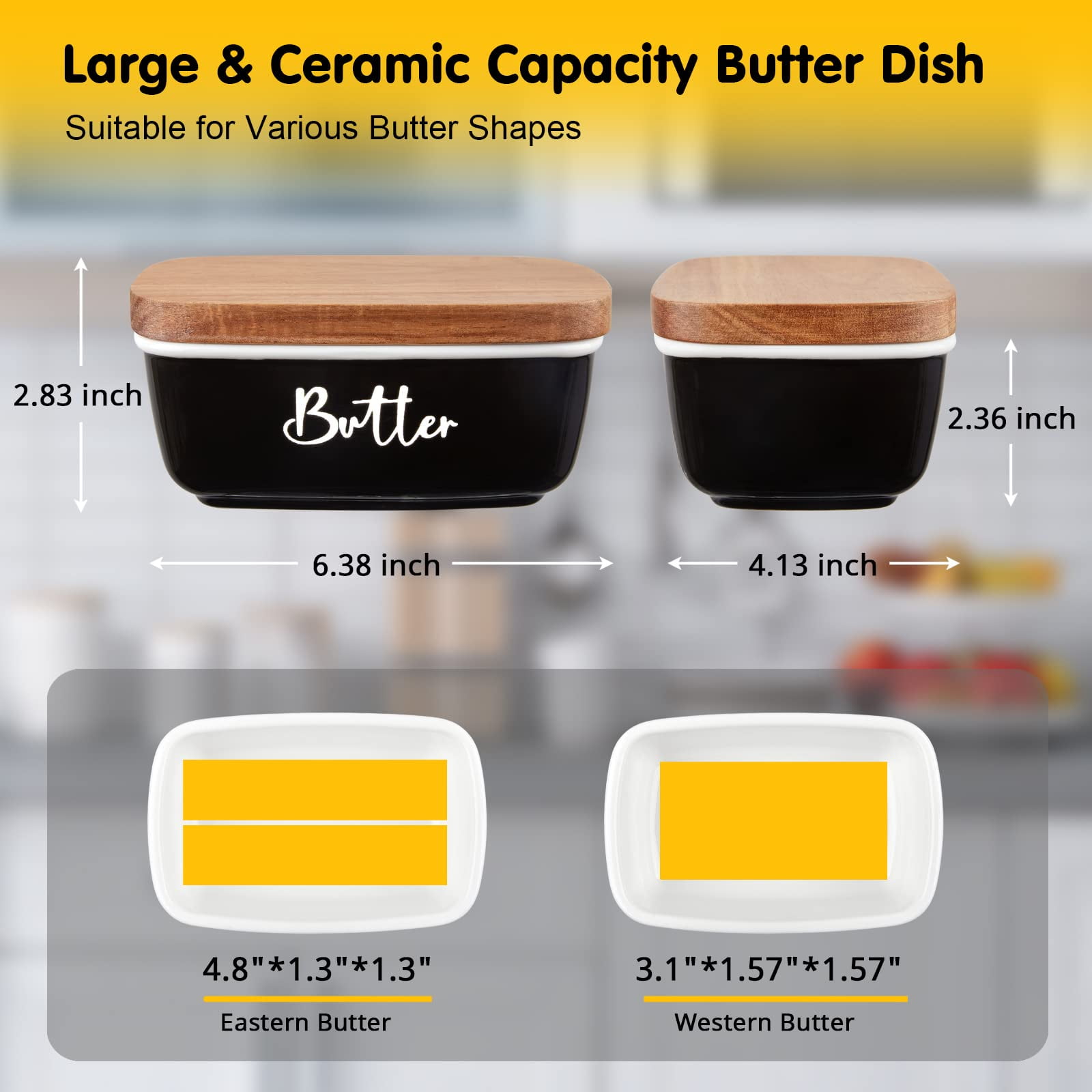 Black Butter Dish, Large Ceramic Butter Dish with Lid for Countertop