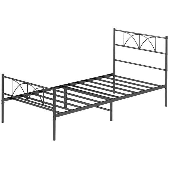 Modern Twin Platform Bed Frame with Headboard, Black Steel Metal Bed Base with 12 Slat Support, 11" Underbed Storage for Bedroom or Guest Room, No Box Spring Needed, 39.6"W x 77.6"D