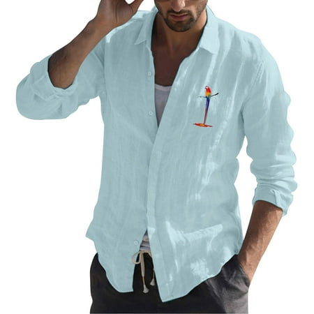 

Mens Fashion Casual Simple And Linen Small Print Lapel T Shirt Long Sleeve Shirt Top Pajama