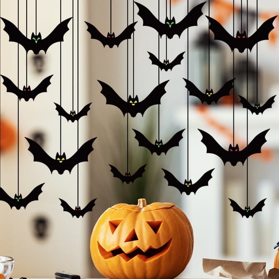 18PC Halloween Paper Made Black Bat Hanging Ornament with String, Festive Themed Home Decor, 3 Sizes for Tree Yard Porch Party Display
