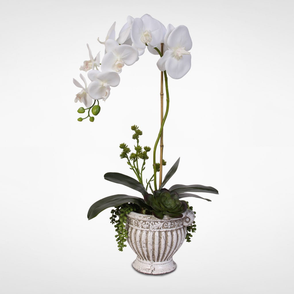 Фаленопсис Silk. Композиция из искусственных орхидей. Маленькая Орхидея в горшке.