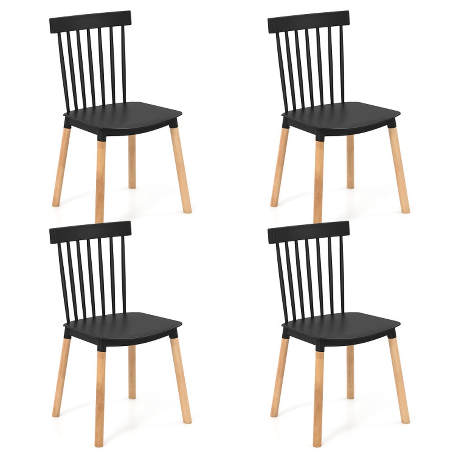 Furnibear Set of 4 Windsor Dining Chairs with Spindle Backs and Curved Seats for Kitchen Dining Room Living Room Home, Black