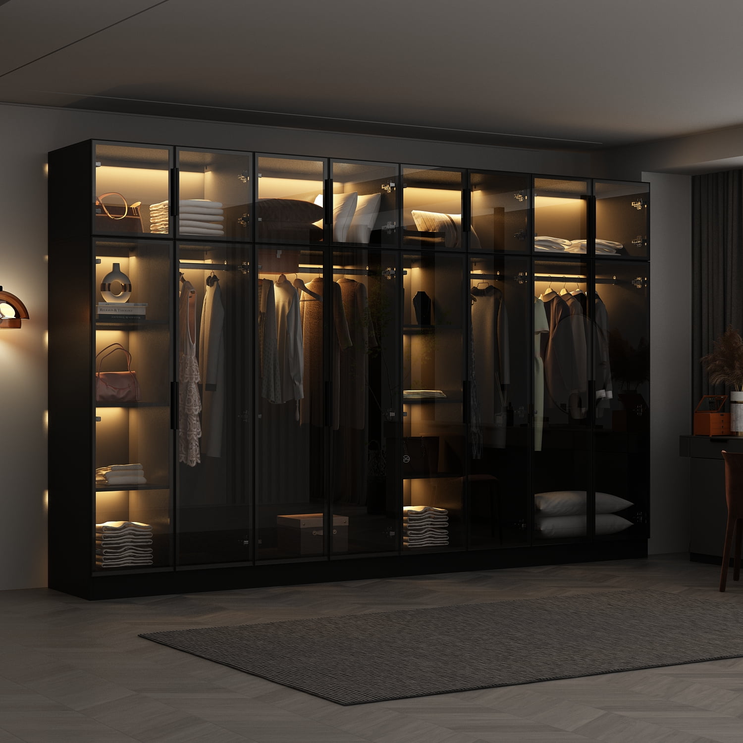 KULAGAGA Bedroom Wardrobe with Glass Doors and Lights,  Armoire Closet Cabinet with Hanging Rod and Shelves, 59" W
