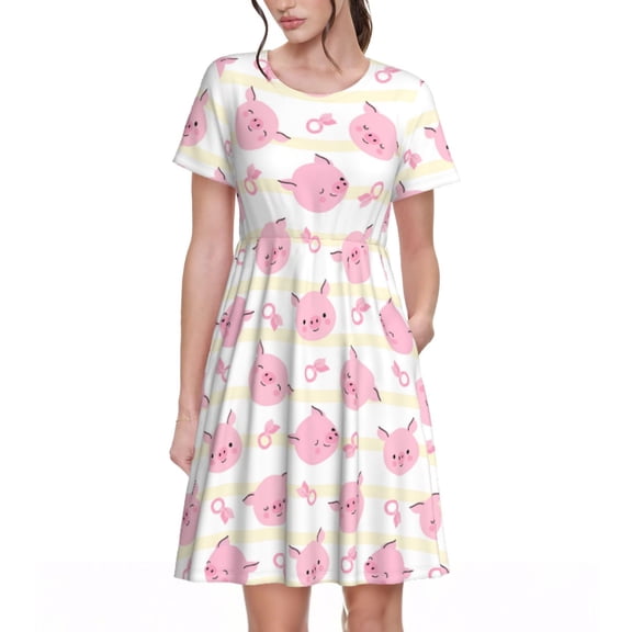 Spring Summer Dresses for Women 2025 - Cartoon Striped Pink Pig Cute Wedding Guest Dresses, Beach Vacation Clothes, Hawaiian Sundresses Casual Short Sleeve Dress for Women with Pockets