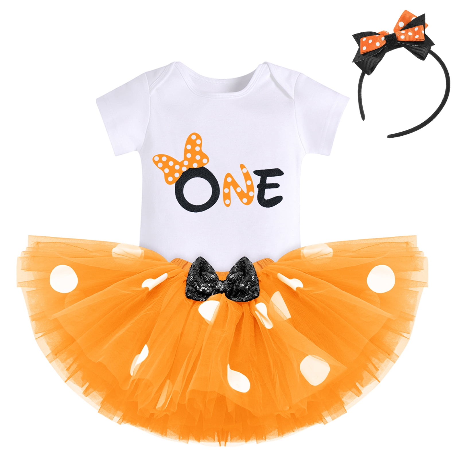 IBTOM CASTLE Toddler Baby Girls 1st 2nd Birthday Outfit Mini Polka Dots Romper Tutu Dress Mouse Ears Headband Princess Skirt Set for Photo Shoot 1 Year Orange + Black