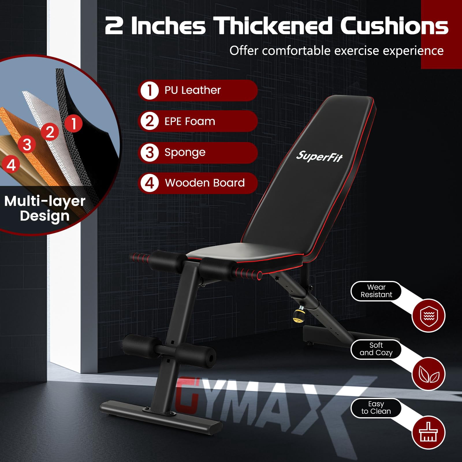 Incline Decline Flat Bench Adjustable, 8 Back & 3 Foot Settings, Padded Cushions for Home Gym, Dumbbell Press Workout Equipment, Black