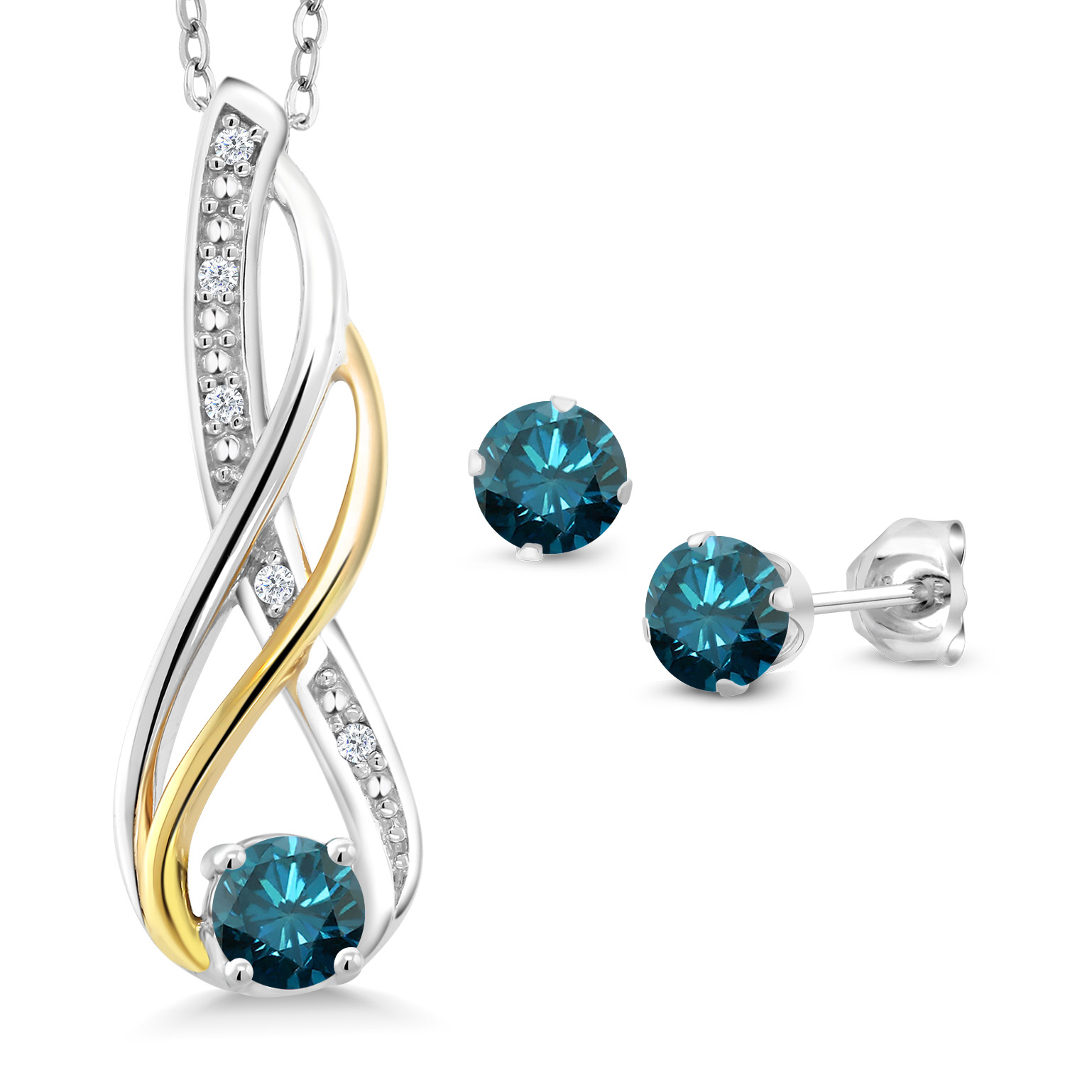 Gem Stone King 0.85 Ct Blue Diamond Diamond 925 Silver and 10K Yellow Gold Pendant and Earrings Jewelry Set