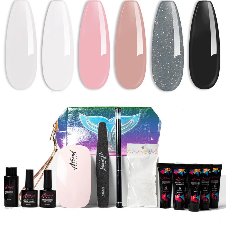 Astound Beauty Poly Nail Gel Kit with UV Lamp Slip Solution - All-in-One Poly Nail Gel Kit (Black and Grey)