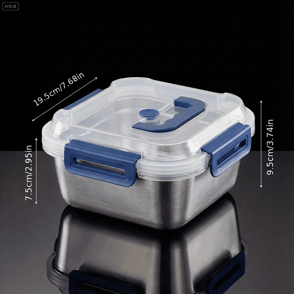 Yakimoto Stainless Steel Food Storage Container Set with Blue Airtight Lids, Silver, 1800ml 60oz, Set of 4