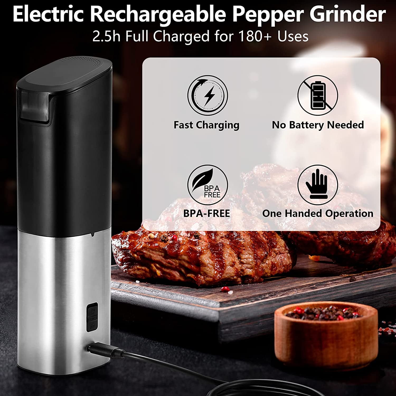 1Pack Electric Salt and Pepper Grinder Set USB Rechargeable with Warm LED  Light, Adjustable Coarseness Lidaop Large Capacity Automatic Salt Pepper  Mill Grinder for Kitchen, Restaurant, Outdoor, Black 