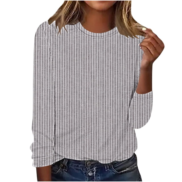 Lenpel T-Shirts pour Femmes Mode Automne Manches Longues Col Rond Rayé Tee Basique Hauts Blouses Décontractées Amples (Gris, TTG)