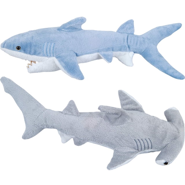 Bedwina con forma de tiburón de peluche, paquete de 2 unidades, color mako, 35 cm, y cabeza de martillo, 33 cm