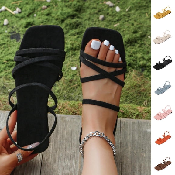 Women Shoes for Women Summer Casual Dress Square Open Toe Flat Sandals for Women Thin Crisscross Ankle Strap Comfort Slip On Sandals Wide Width Friendly Soft Suede Elegant Daily Walking Womens