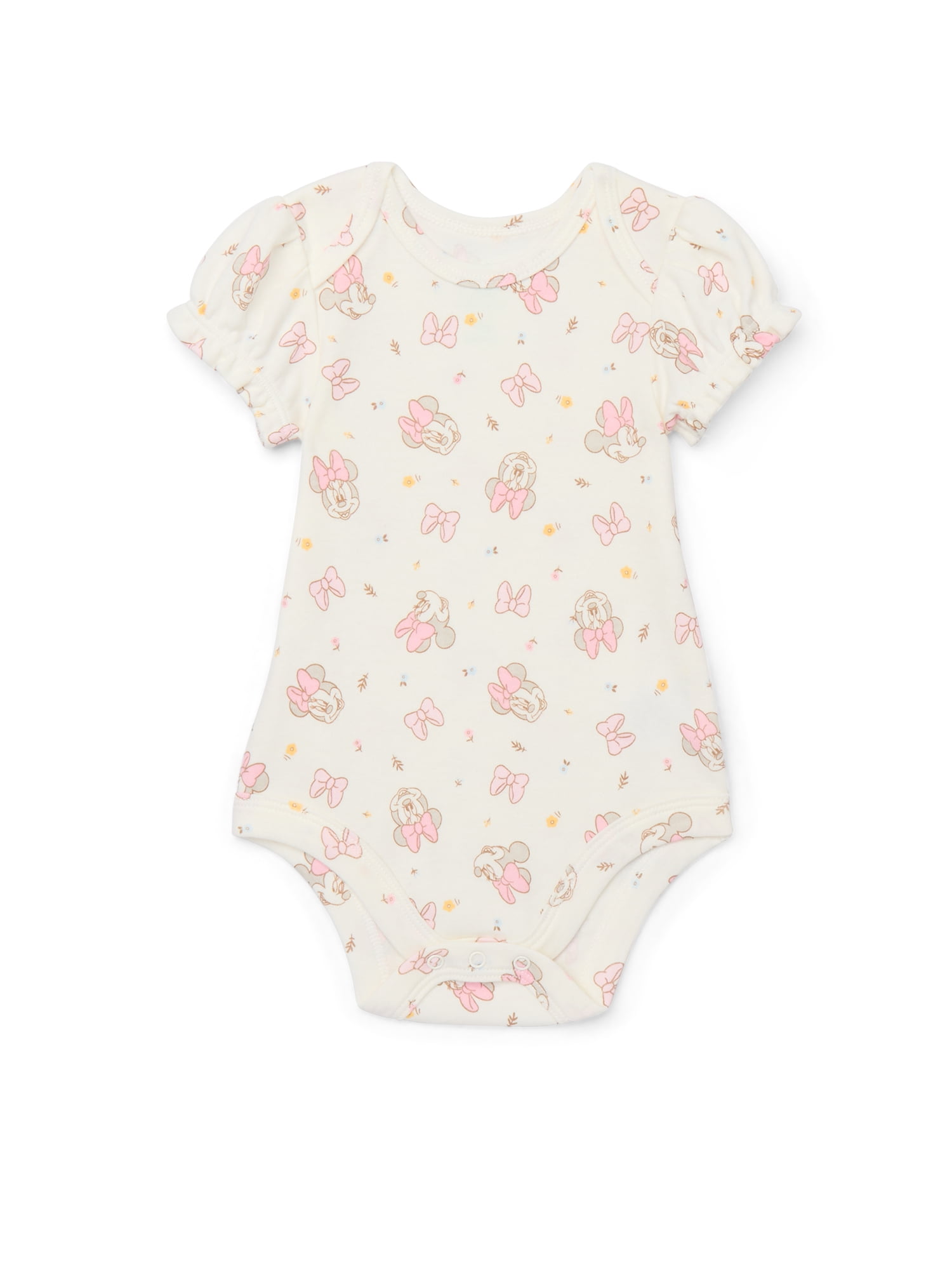Disney Baby Wishes + Dreams Minnie Mouse Baby Girls Bodysuit with Puff Sleeves, 3-Pack, Sizes Newborn-18 Months
