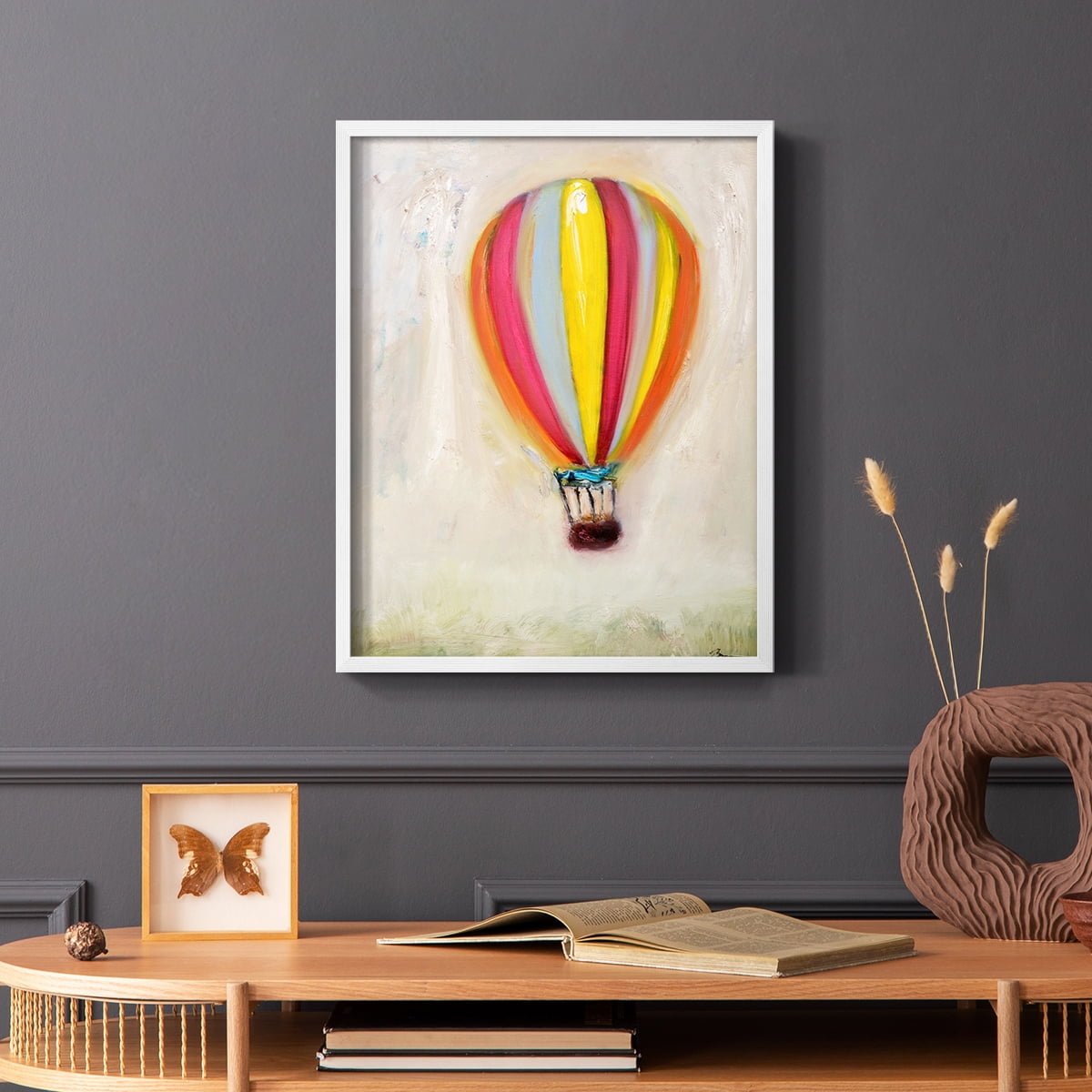 Lucky Hot Air Balloon Framed Print in White Solid Wood Framed Print No Nail Hanging