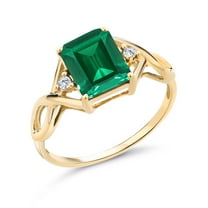 Gem Stone King 3-Stone Ring for Women | 18K Yellow Gold Plated Silver | 9X7MM Emerald Cut Gemstone Birthstone & Lab Grown Diamond | Wedding Anniversary Engagement Ring | Size 5-9 | Nano Emerald | 8