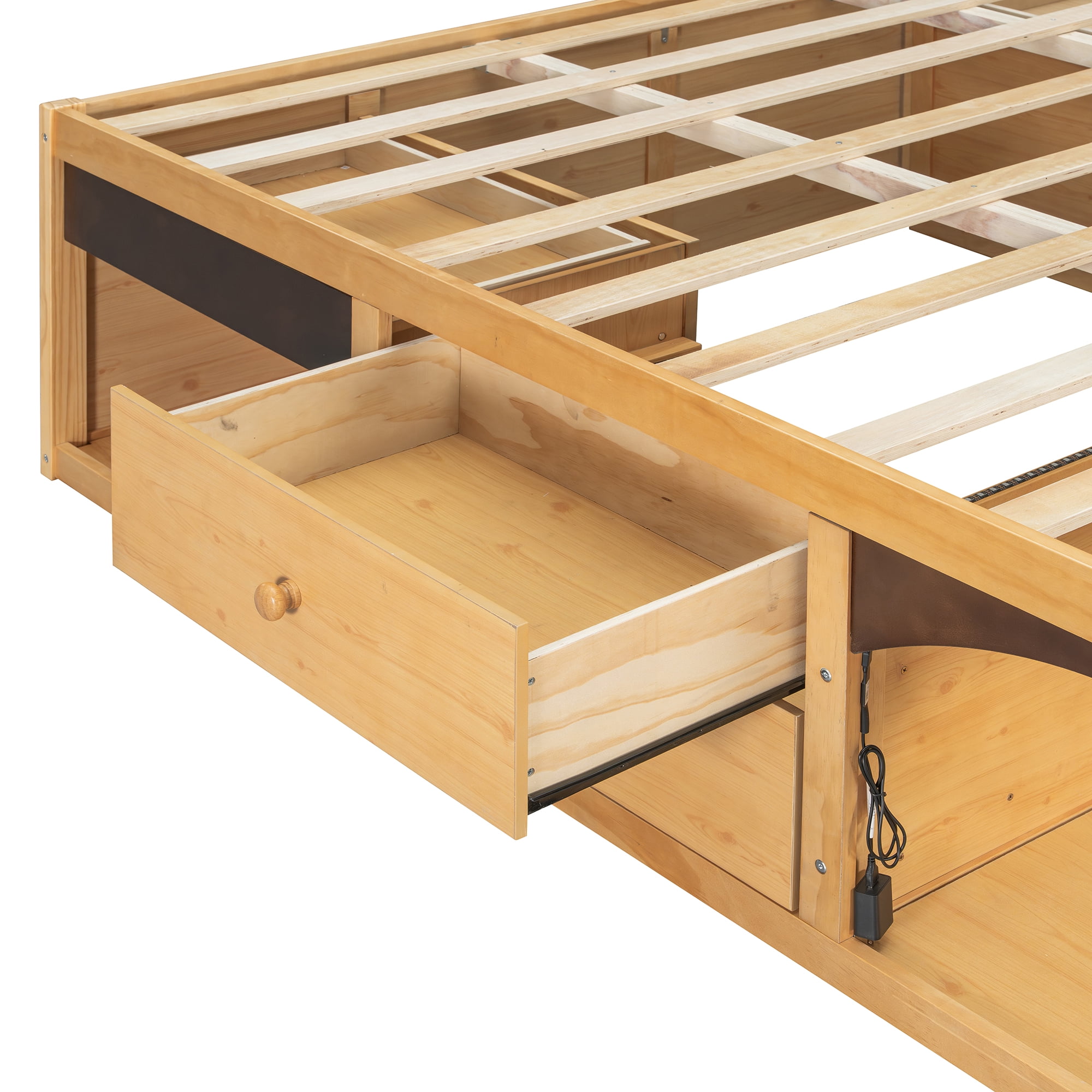 King Size Platform Bed with 2 Storage Drawers, Lighted Under-Bed Open Pet Space, No Headboard
