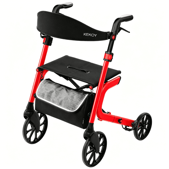 KEKOY Rollator Walker with Seat for Seniors, Foldable Walker for Seniors 400 lbs, Reinforced K-Frame, Hidden Brake Cables, 10" TPR All-Terrain Wheels, 8-Level Adjustable Height, Red