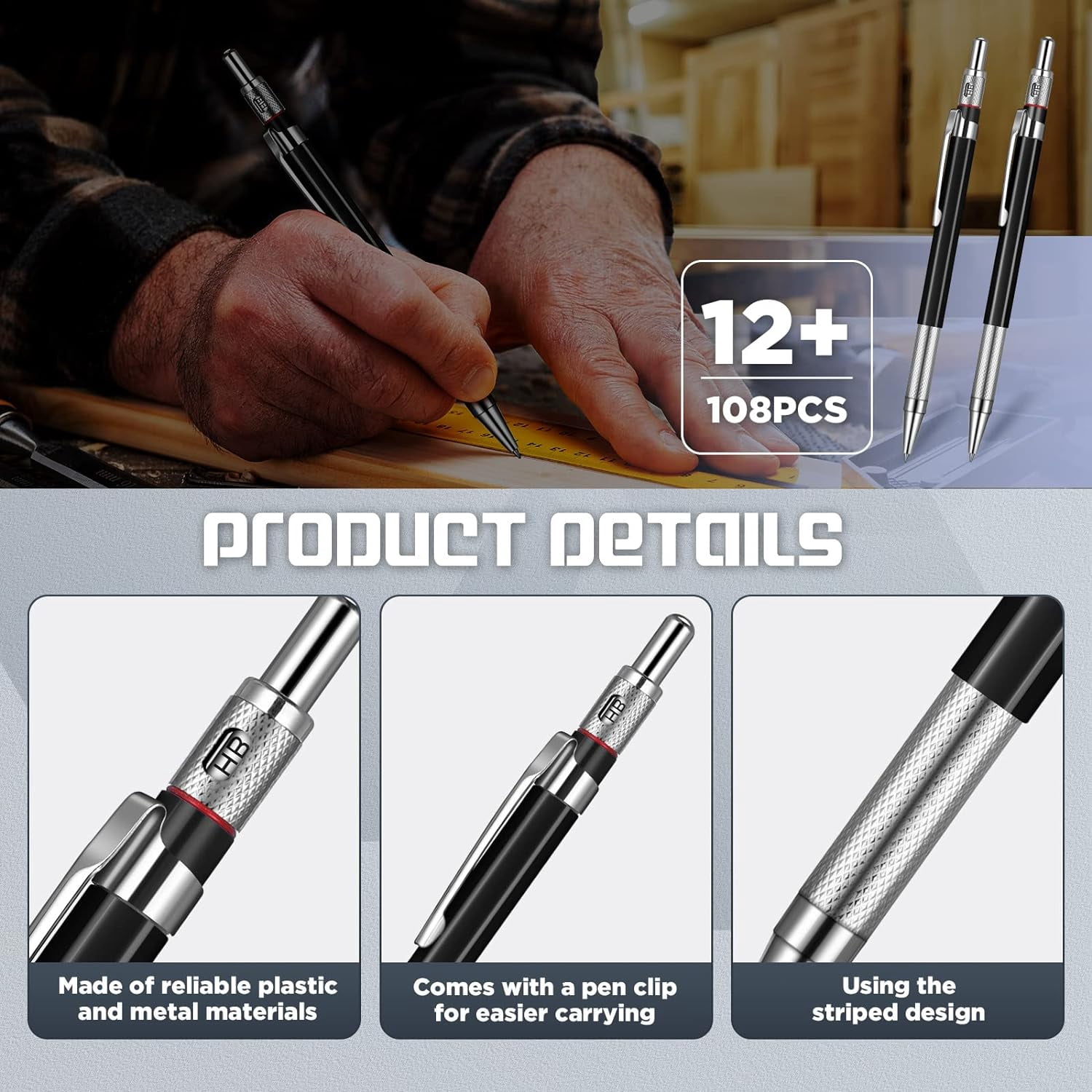 12 Pieces Welder Pencil with 108 Pieces Round Refills Mechanical Metal Pencil Marker with Built in Sharpener Pen for Construction Workers, Metal Work, Plumbers, Framers