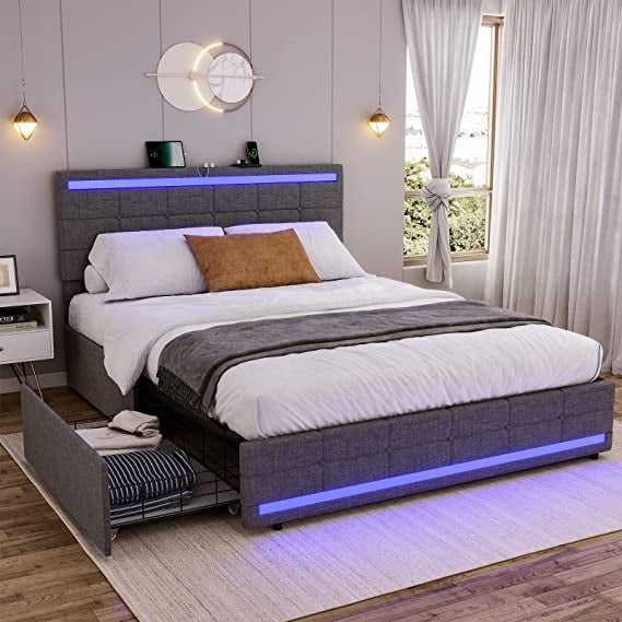 Queen Bed Frame with 4 Drawers and 2 USB Charging Station, Platform Bed