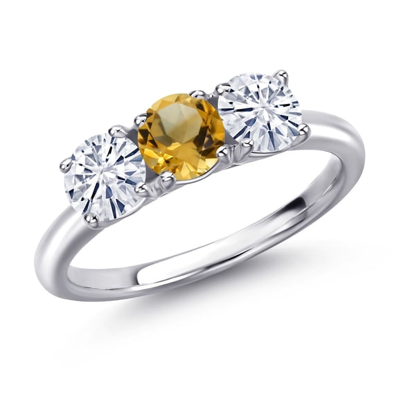 Gem Stone King 925 Sterling Silver Yellow Citrine and White Moissanite Engagement Ring for Women | 1.45 Cttw | Round 5MM | Gemstone November Birthstone | Size 8