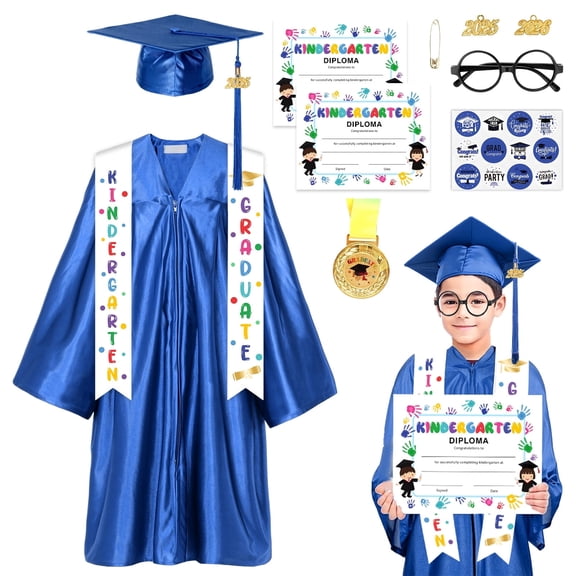 Alaiyaky Kindergarten Graduation Cap and Gown 2026 Kids Preschool Graduation Shiny Cap Gown Set with Tassel Stole Certificate