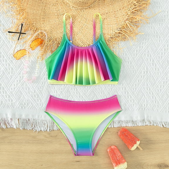CUZIBR Girls Swimsuit Stylish Two Tie Dye Bikini Set Ruffle Rainbow Gradient Flounced Tankini Swim Wear Popular Swimsuit,Green,13-14 Years