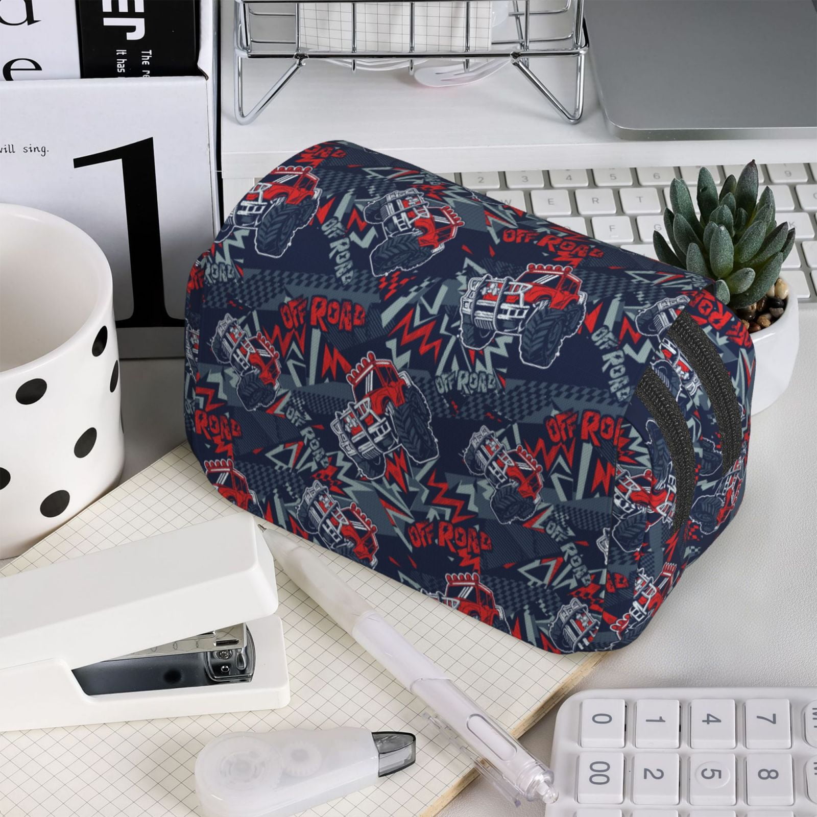 Rateoe Cool Red Off-Road Vehicle Pattern Double Clamshell Pen Case, Storage Organizer with Two Zipper Compartments– Holds Up to 50 Pencils & Pens