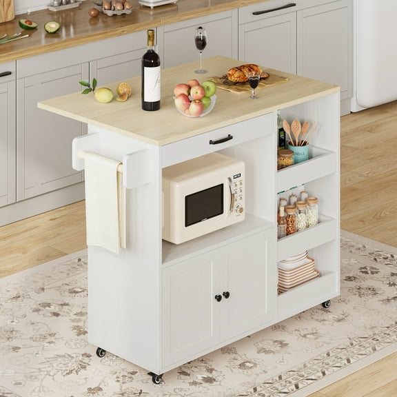 LIKIMIO 39.4" Rolling Kitchen Island Cart with Drop Leaf, Sliding Spice Rack, Lockable Wheels, Storage Door Cabinet and Drawer