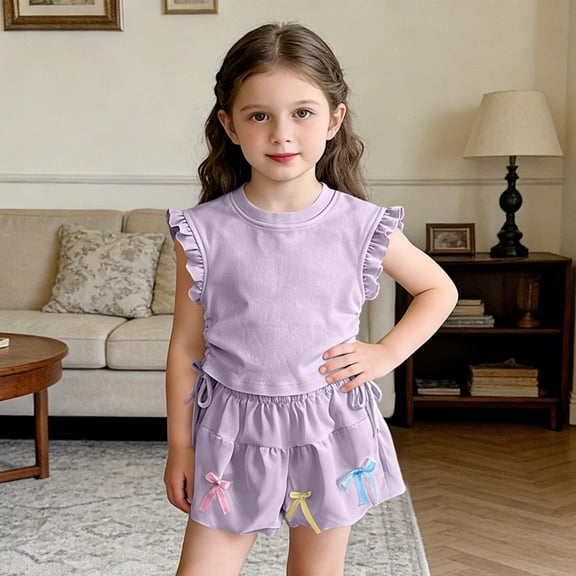ITSAME Toddler Girls Outfit Sets, Cute Bow Crewneck Ruffled Tank Tops and Shorts Casual Clothes 2-Piece Purple Size 4-5